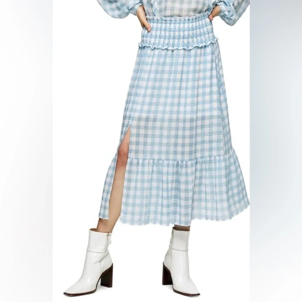 NEW Topshop Blue Gingham Smocked Tiered Midi Skirt Size 10 US $68